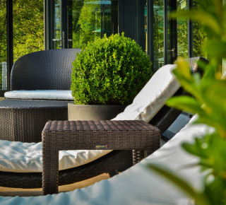 Picture of the loungers at the outdoor pool