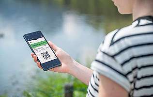 Personne utilisant un smartphone au bord du lac