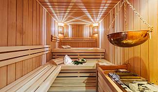 Wooden sauna with infusion basin