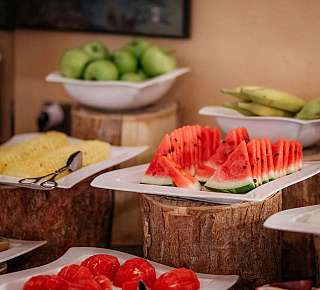 Fruit platters on wooden stands
