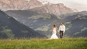 Bride and groom in a mountain landscape
