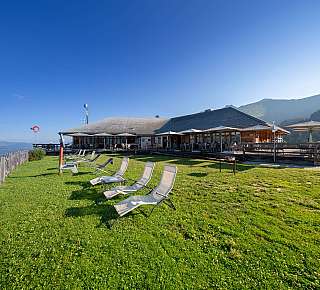 Mountain restaurant with deckchairs