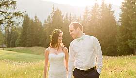 Bride and groom at sunset