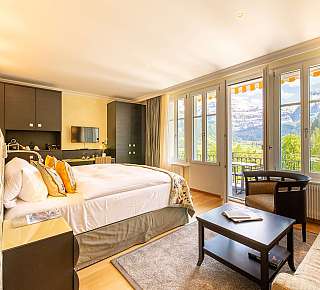 Chambre d'hôtel lumineuse avec vue sur la montagne