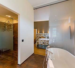 Salle de bain moderne avec vue sur la chambre