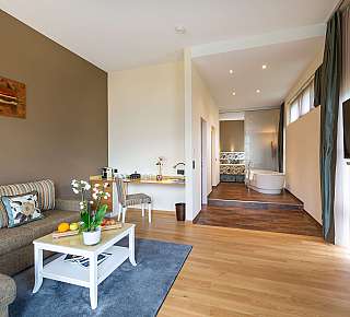 Salon moderne avec salle de bains