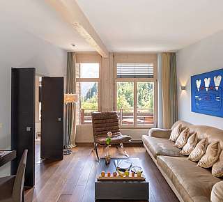 Salon moderne avec vue sur la montagne