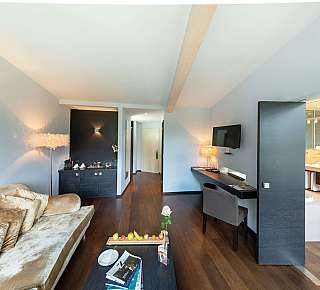 Chambre d'hôtel moderne avec salon